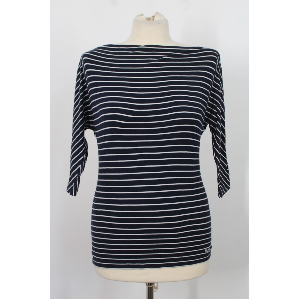 MaxMara M Navy Blue White Stripe Boat Neck 3/4 Sleeve Stretch Tee Top Italy